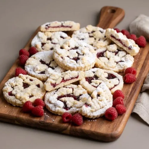 Baked raspberry crumble cookies dusted with powdered sugar showing golden streusel topping and fruit filling.