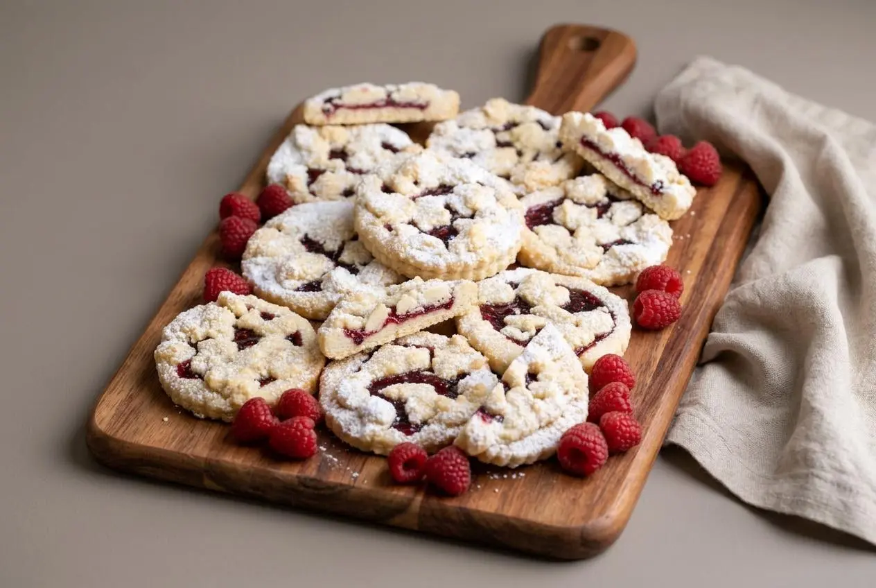 Baked raspberry crumble cookies dusted with powdered sugar showing golden streusel topping and fruit filling.