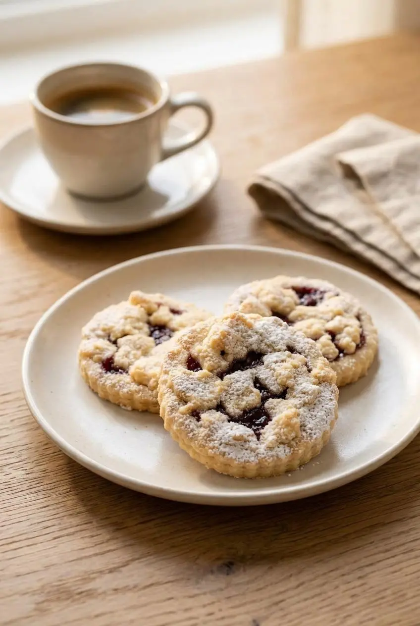 Three raspberry crumble cookies on a ceramic plate served alongside black espresso on an oak table.