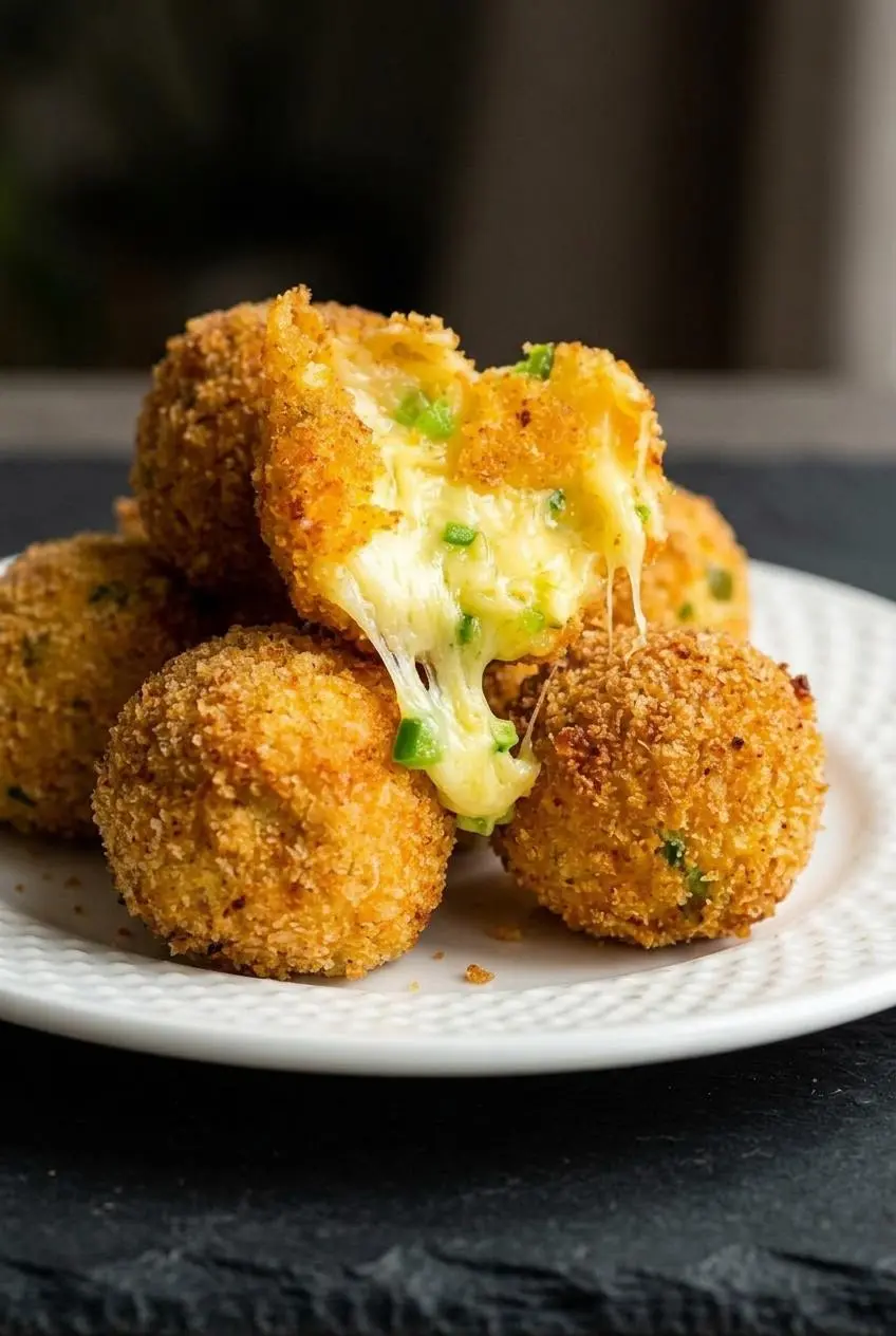 Close-up of a split fried cheese bite showing a thick spiced breadcrumb crust and stretchy Pepper Jack with diced jalapenos.