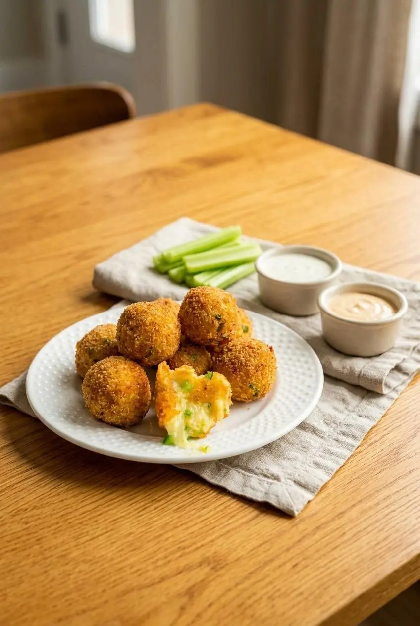 Golden fried jalapeno cheese bites served on a wooden table with ranch dressing, Cajun horseradish dip, and celery sticks.