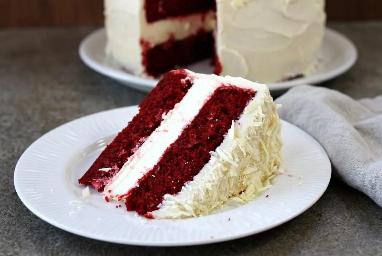 Tall red velvet cheesecake cake with moist red cake layers, a creamy baked cheesecake center, and tangy white frosting.