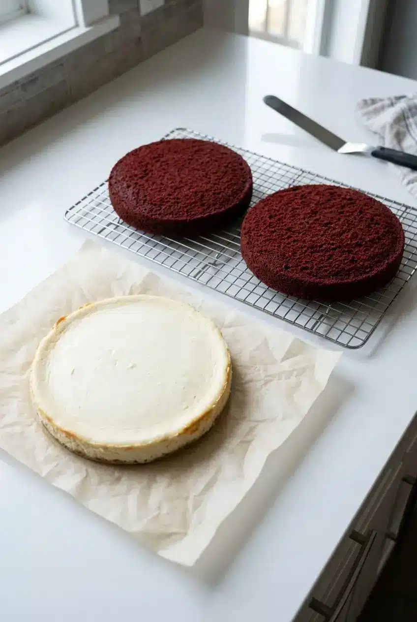 Unmolded frozen white baked cheesecake disk on parchment paper next to two cooled red velvet cake rounds on a wire rack.