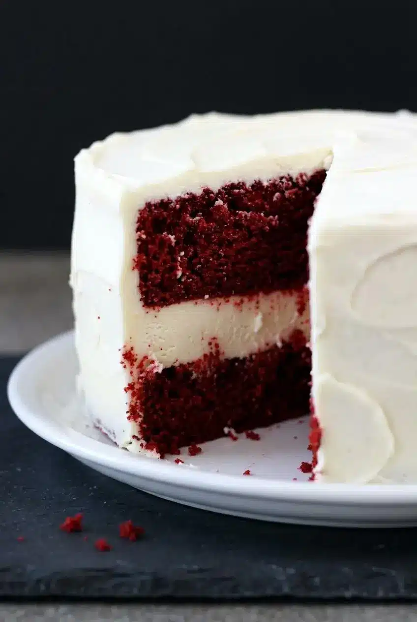 Close-up interior of red velvet cheesecake cake showing tender red crumb, crack-free cheesecake center, and smooth icing.