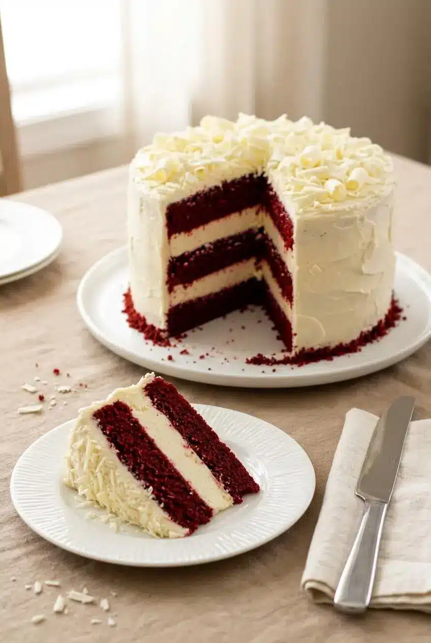 Frosted red velvet cheesecake cake topped with white chocolate curls and red cake crumbs, served with a slice and knife.