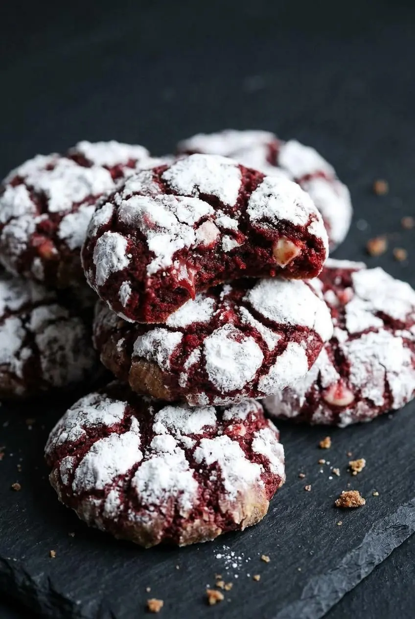 Broken red velvet crinkle cookie revealing a fudgy red center with white chocolate chips under powdered sugar.