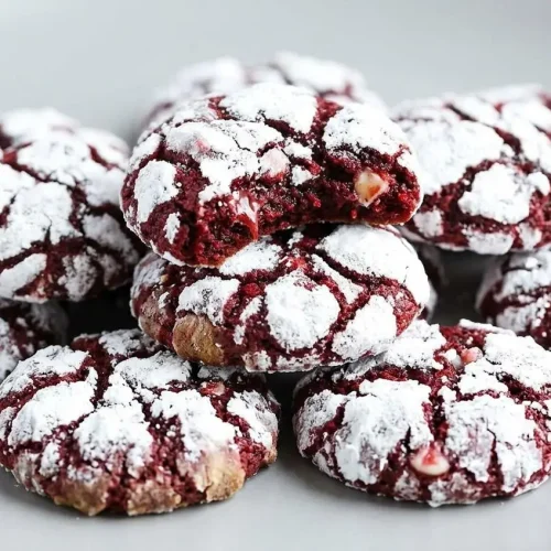 Baked red velvet crinkle cookies with snowy sugar crackles and fudgy, soft-baked crimson centers.