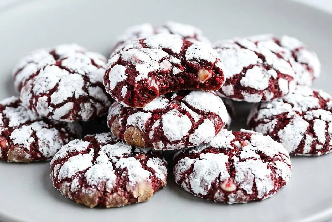 Baked red velvet crinkle cookies with snowy sugar crackles and fudgy, soft-baked crimson centers.