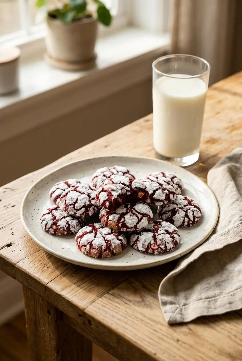 Plate of powdered red velvet crinkle cookies served alongside a cold glass of milk on a rustic wooden table.