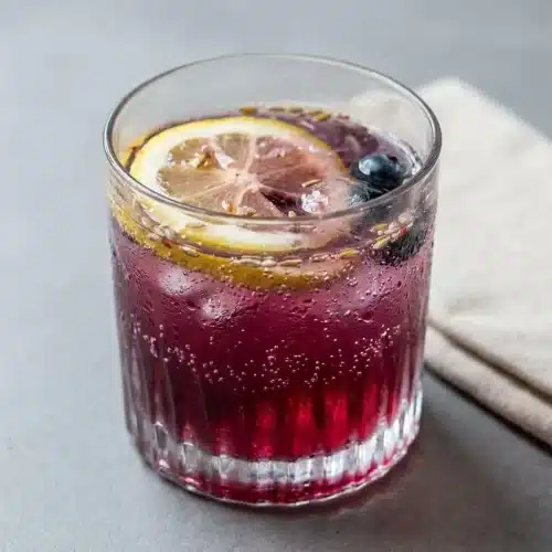 Chilled lavender mocktail with fizzy sparkling bubbles, muddled blueberries, fresh ice, and a lavender sprig garnish.