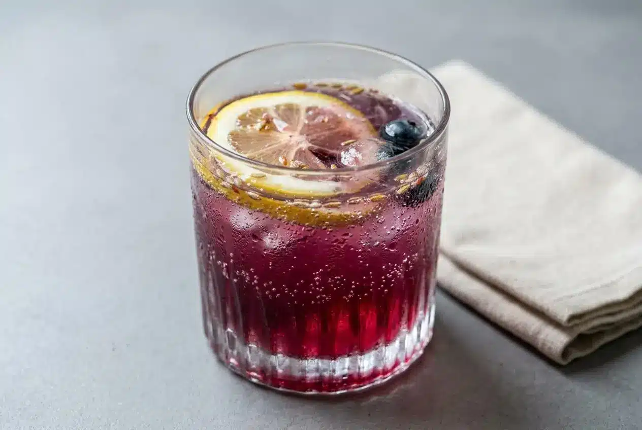 Chilled lavender mocktail with fizzy sparkling bubbles, muddled blueberries, fresh ice, and a lavender sprig garnish.