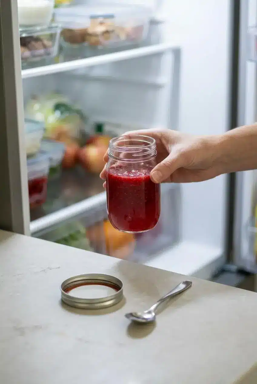 Small glass jar of chilled ruby-red berry concentrate placed on a clean glass refrigerator shelf