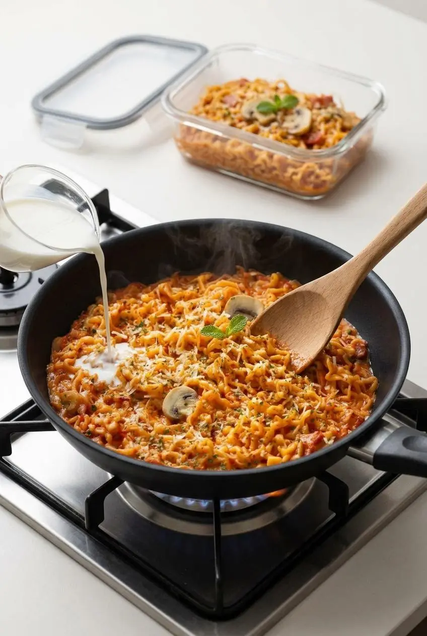 Reheating leftover Buldak carbonara noodles in a skillet with a splash of milk to loosen the sauce.