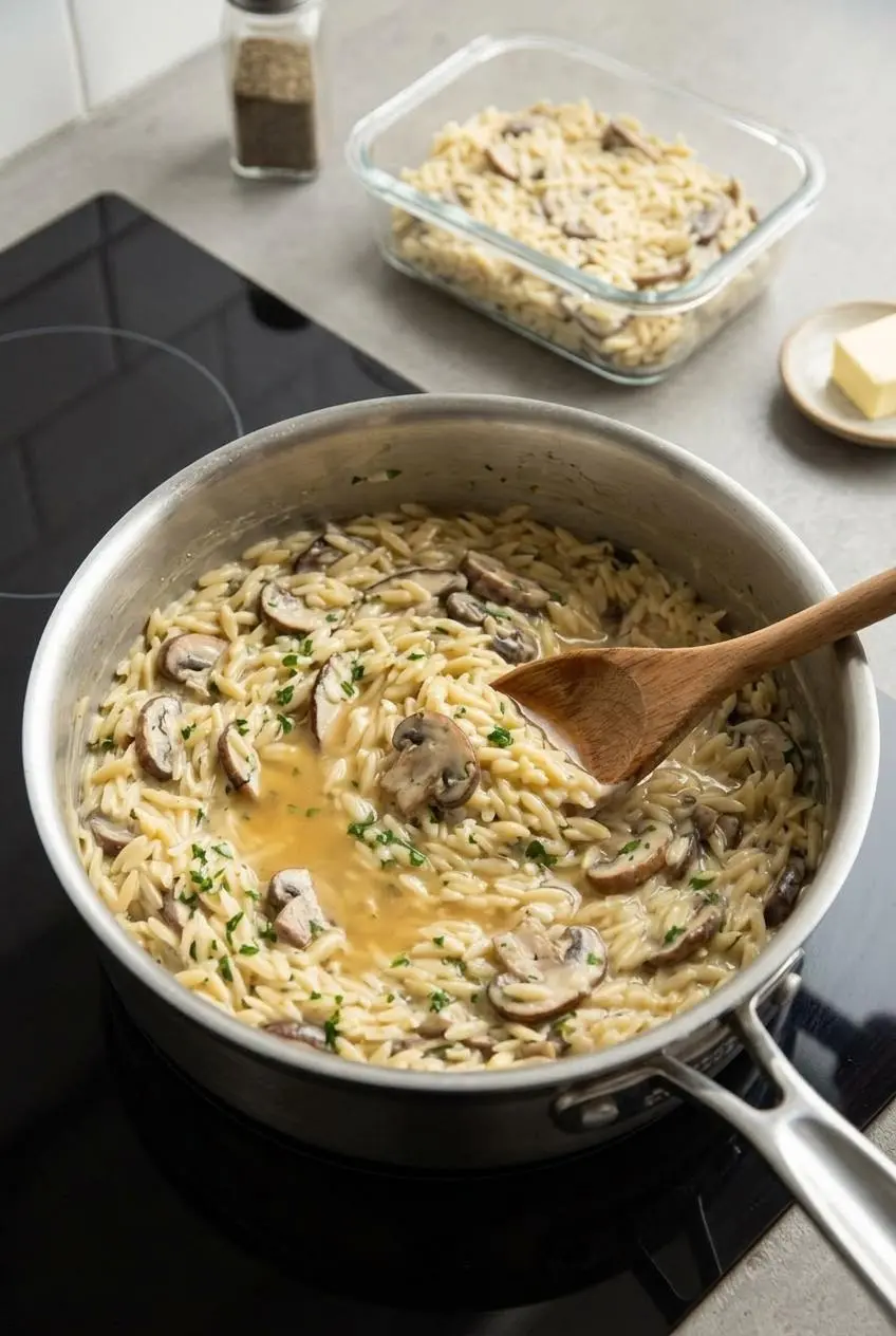Stirring warm broth into leftover mushroom orzo in a stainless steel saucepan to loosen the sauce.