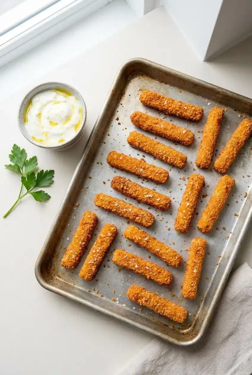 Panko-coated halloumi fries spaced in a single layer on a metal baking sheet for oven reheating next to a bowl of yogurt dip
