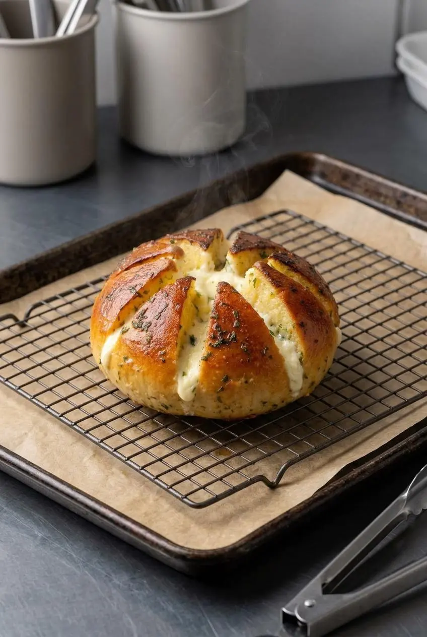 Reheated garlic bread roll on a wire cooling rack over a parchment-lined baking sheet.