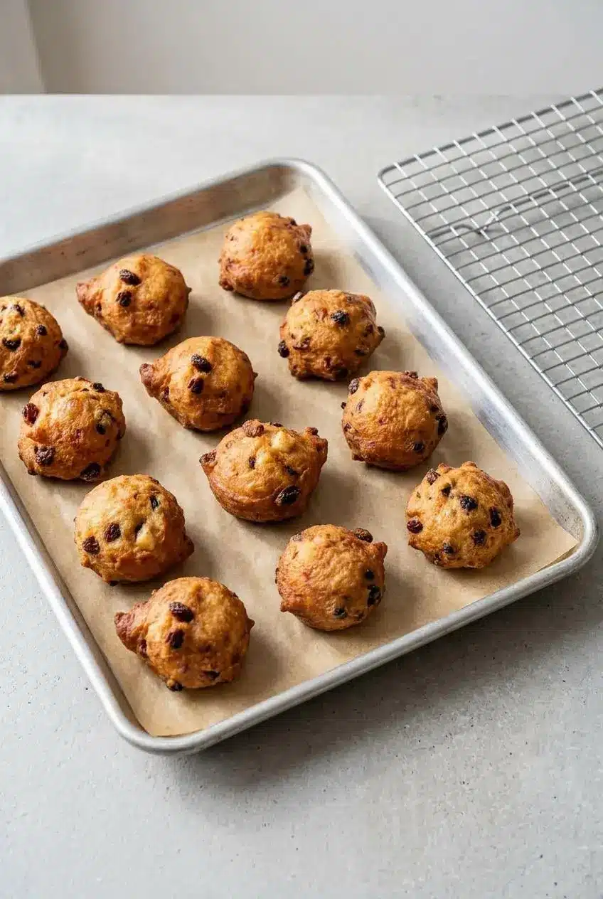 Leftover oliebollen arranged in a single layer on a parchment-lined baking sheet for reheating.