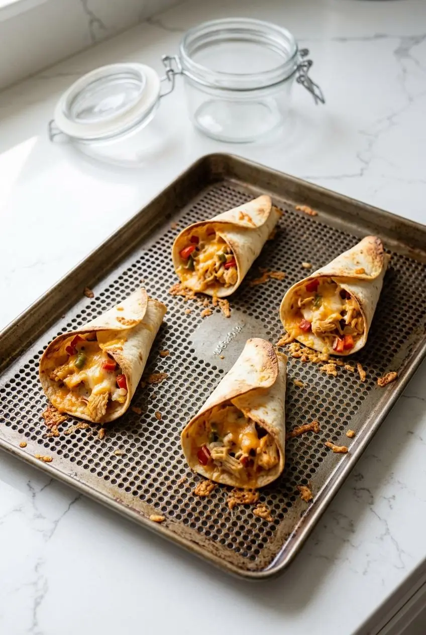 Four leftover chicken quesadilla cones spaced apart on a perforated air-fryer tray with a glass storage container nearby