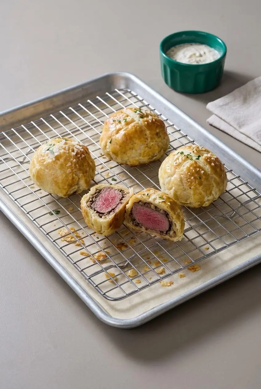 Baked mini beef Wellingtons arranged on a wire cooling rack inside a parchment-lined baking sheet.