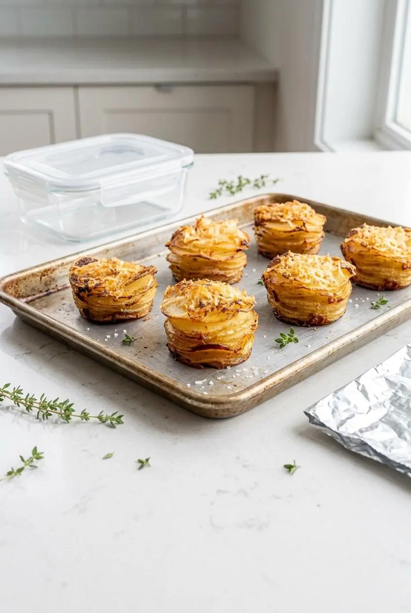Baked potato stacks spaced apart upright on a metal rimmed baking sheet next to a glass storage container and foil