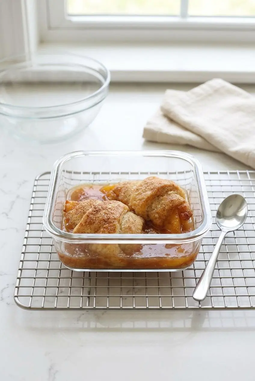 Two peach dumplings arranged with pan syrup in an oven-safe dish ready for reheating.