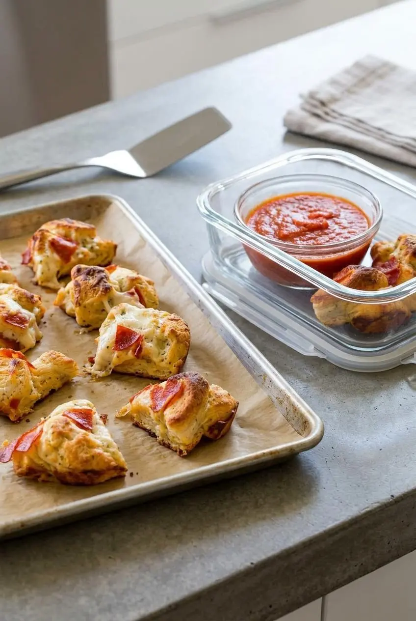 Individual pizza monkey bread pieces arranged on a parchment-lined baking sheet for oven reheating.