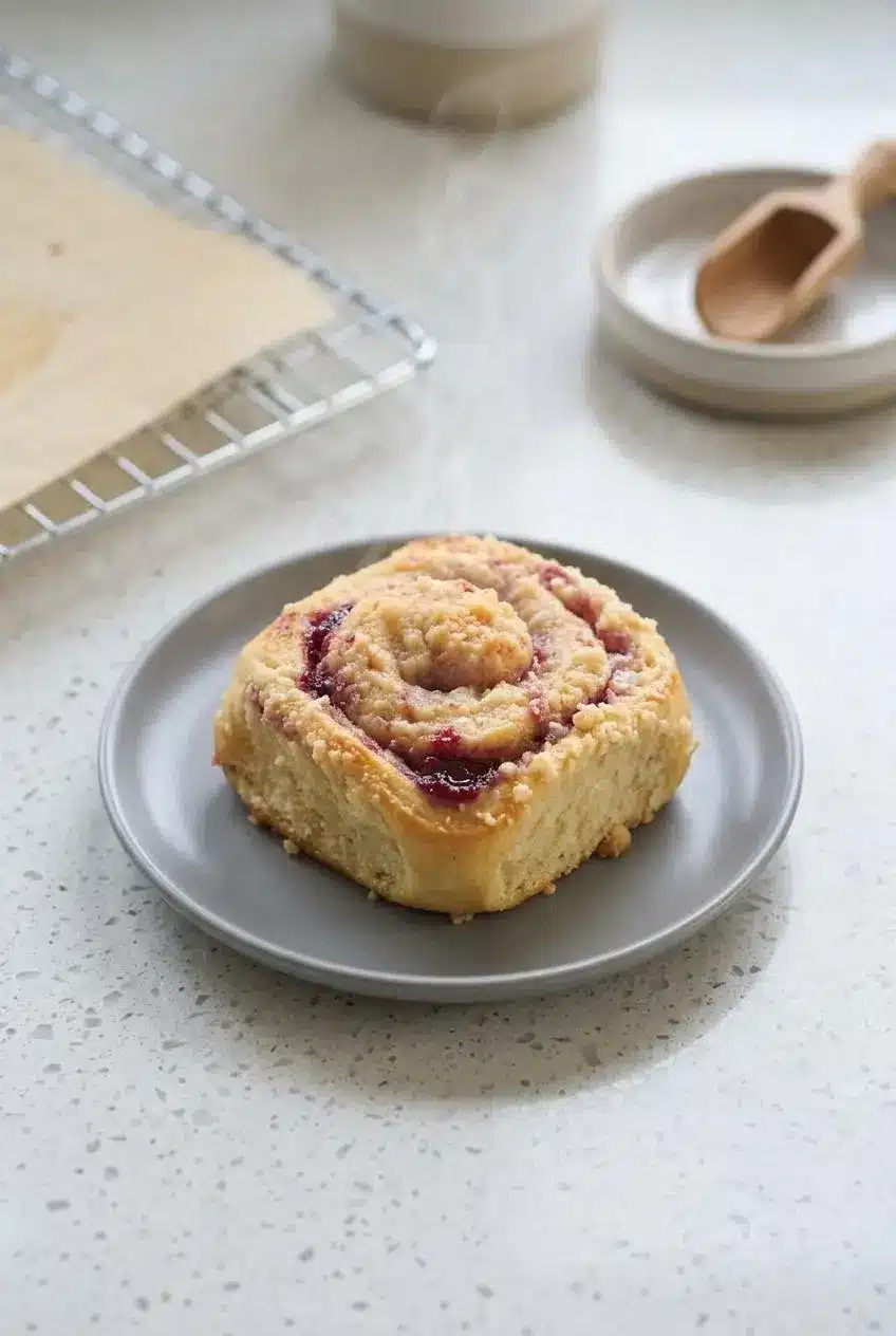 Warmed sweet roll resting on a small ceramic plate on a kitchen counter with cooling rack.