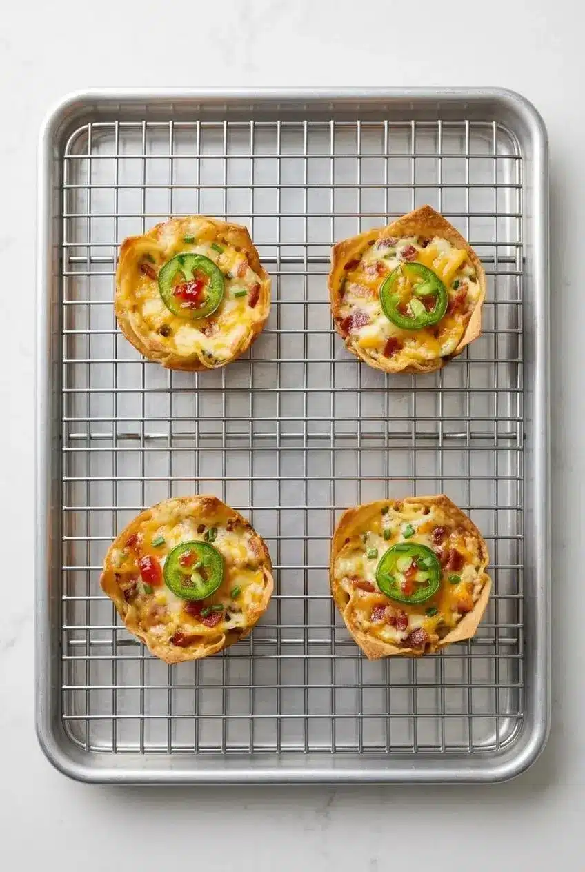 Four baked wonton cups resting on a wire rack over a baking sheet for oven reheating.