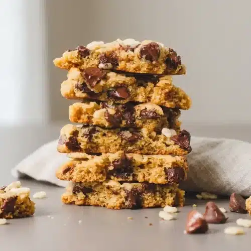 Rice krispie chocolate chip cookies stacked on a plate with golden edges and glossy chocolate chips.