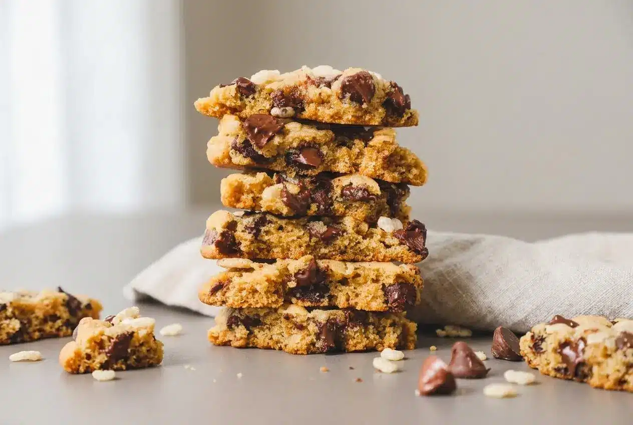 Rice krispie chocolate chip cookies stacked on a plate with golden edges and glossy chocolate chips.