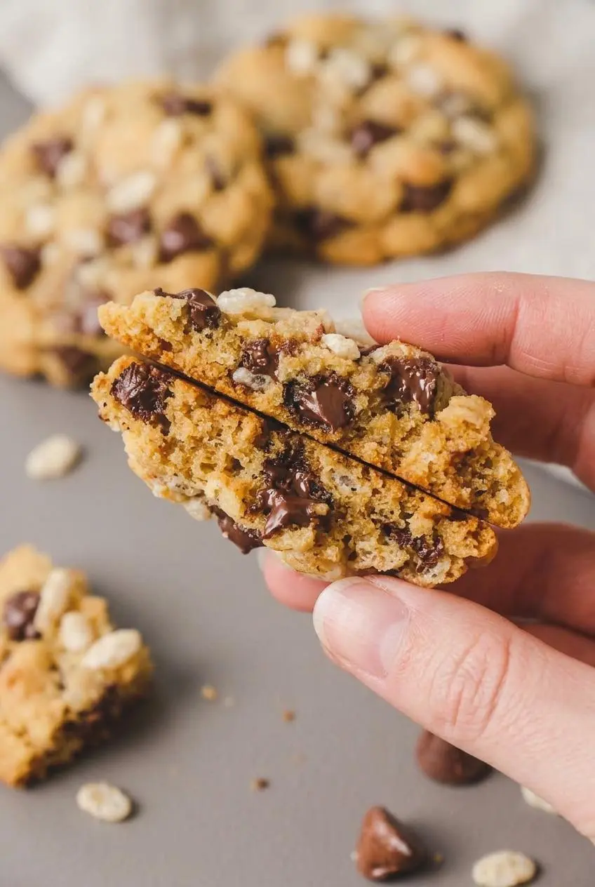 Broken rice krispie chocolate chip cookie showing a chewy interior with melted chocolate and crisp cereal.