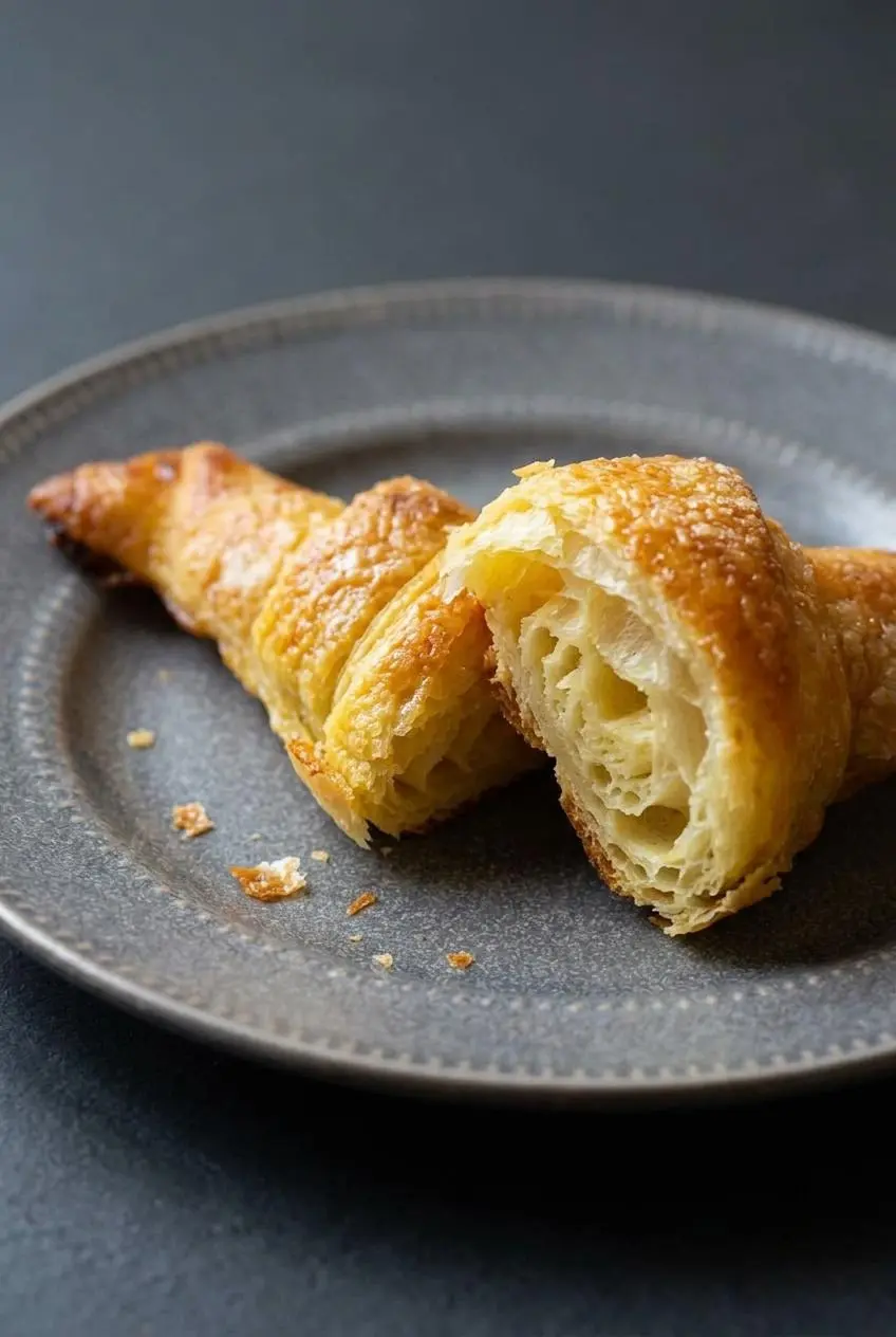 Close-up of a baked rice paper croissant broken open to show its crispy crust and chewy custard interior.