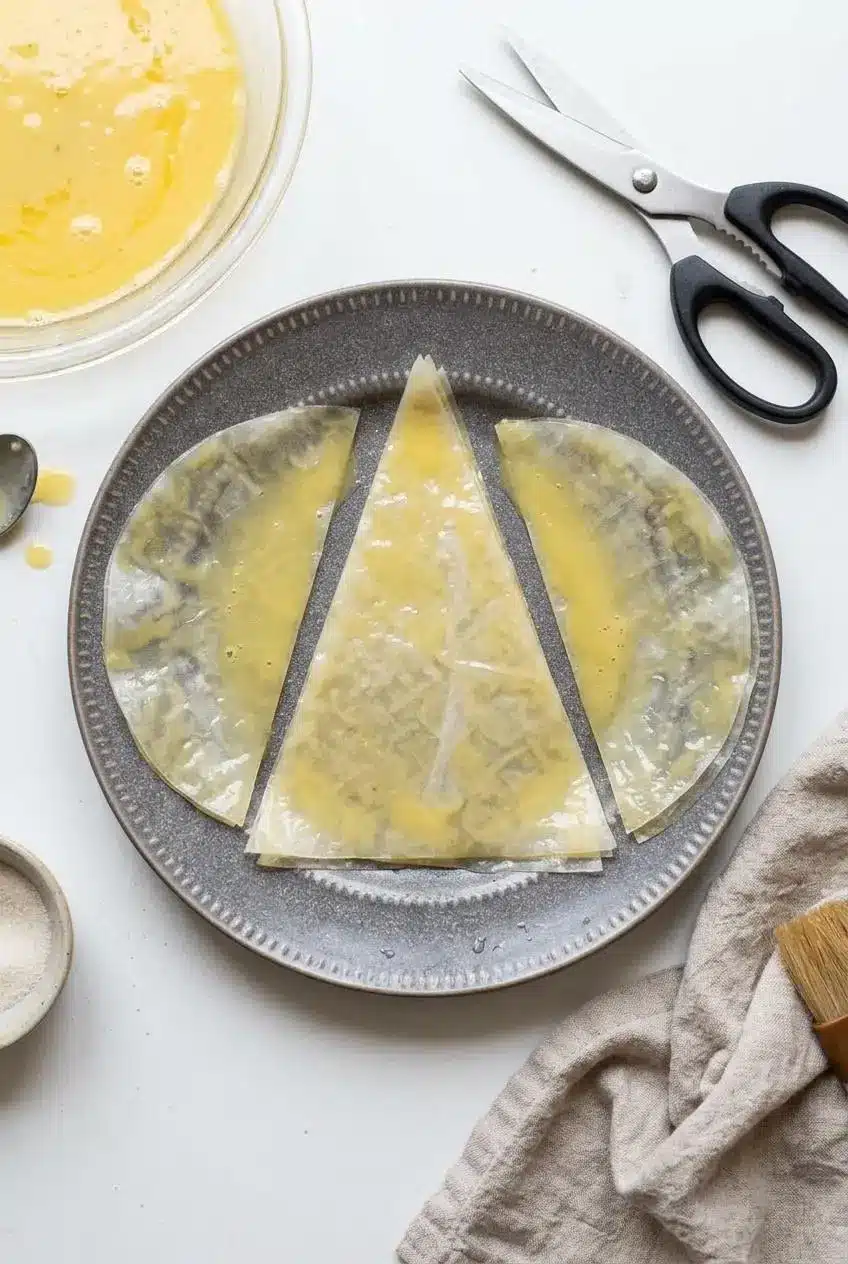 Custard-dipped rice paper sheets cut into a triangle and two side pieces on a plate next to egg custard and scissors.