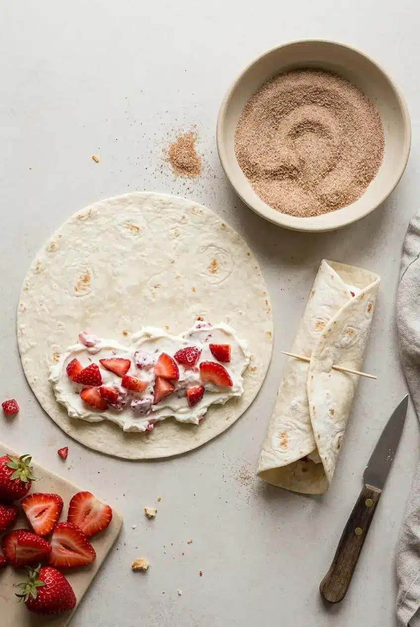 Flour tortilla with cream cheese and strawberry filling next to a rolled chimichanga pinned with a toothpick and cinnamon sugar
