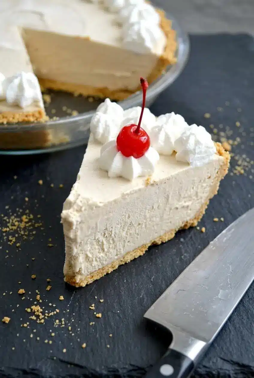 Close-up of a neatly cut slice of frozen root beer float pie showing firm creamy filling beside a clean knife