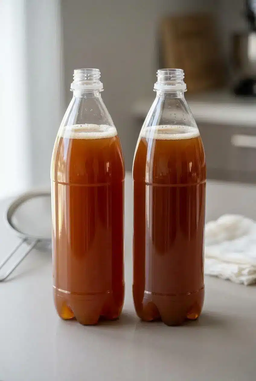 Food grade plastic bottles filled with amber bread kvass leaving safety headspace under loose screw caps.