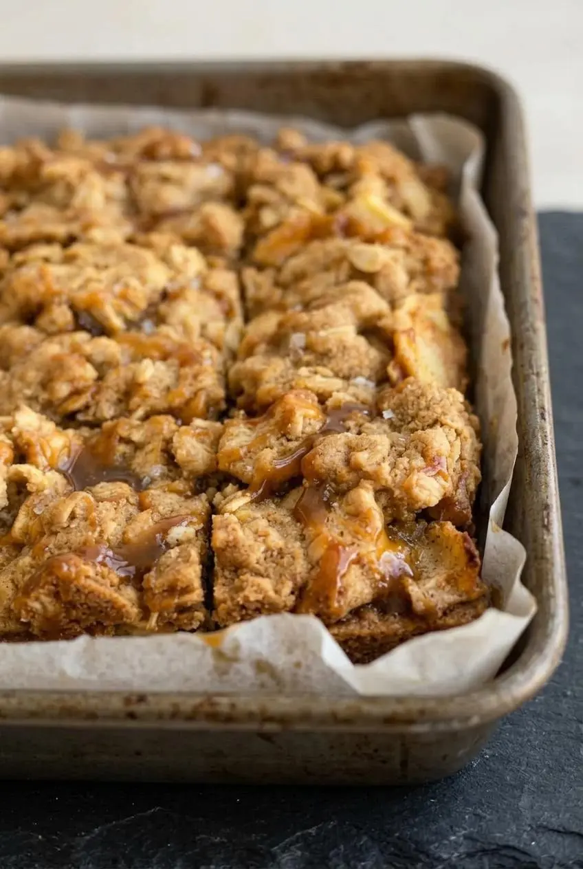 Close-up of freshly baked apple pie bars in a parchment-lined pan with caramel bubbling through golden oat topping.