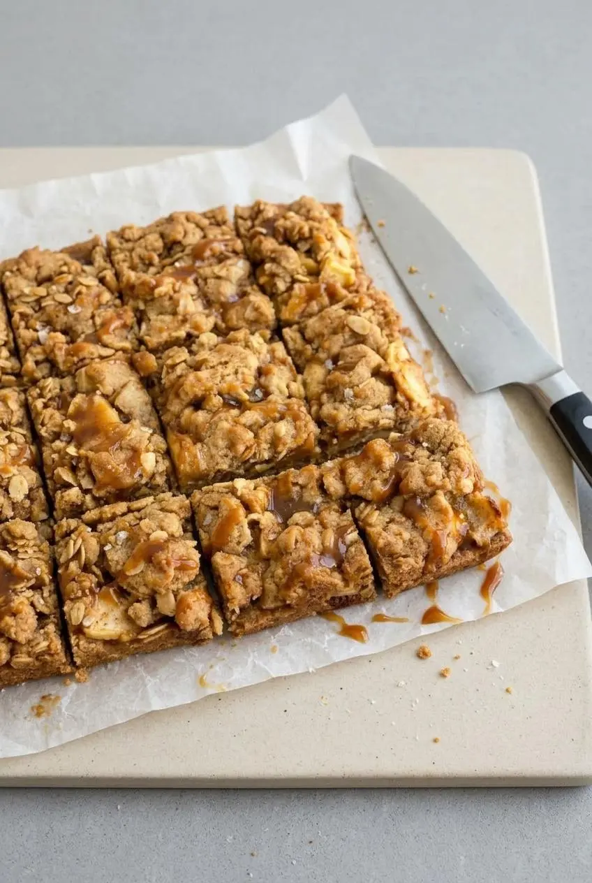 Chilled slab of caramel apple pie bars on a parchment sling with a chef's knife and two cleanly cut squares.