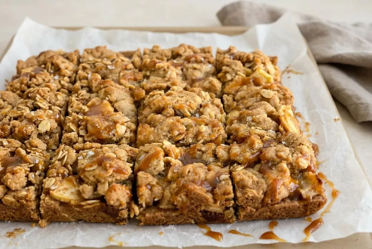 Salted caramel apple pie bars with a golden rolled oat crumble, thinly sliced spiced apples, and glossy caramel.