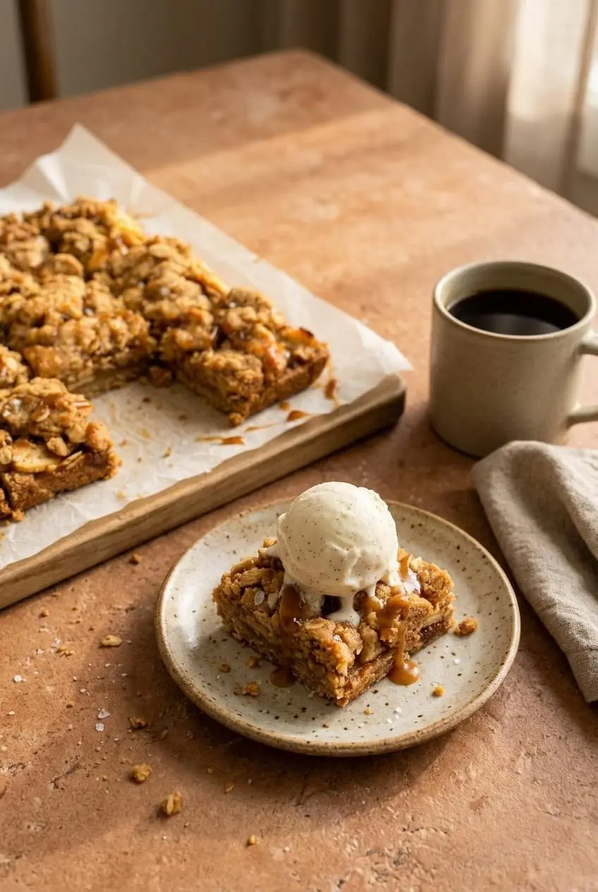 Warm square of salted caramel apple pie bars topped with melting vanilla bean ice cream alongside a mug of black coffee.