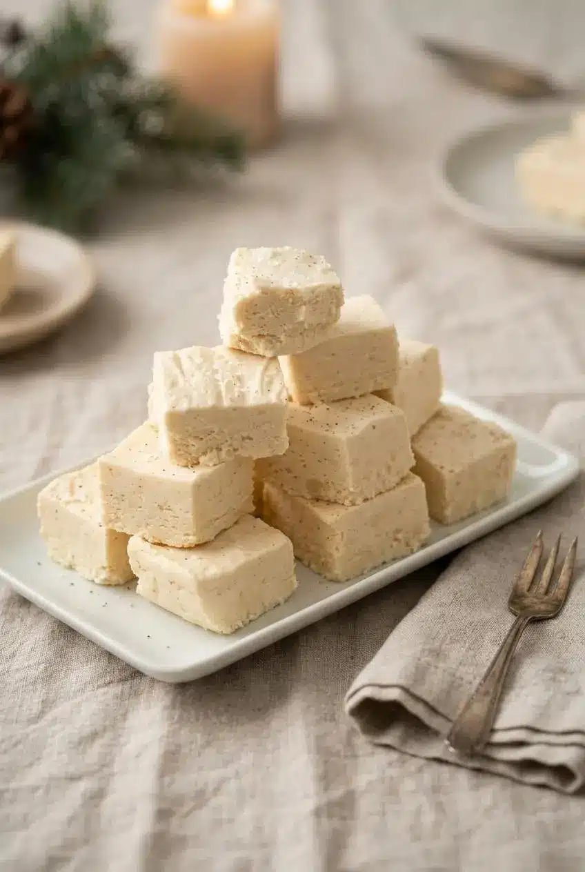 White chocolate fudge squares topped with flaky sea salt and nutmeg on a linen-covered holiday table.