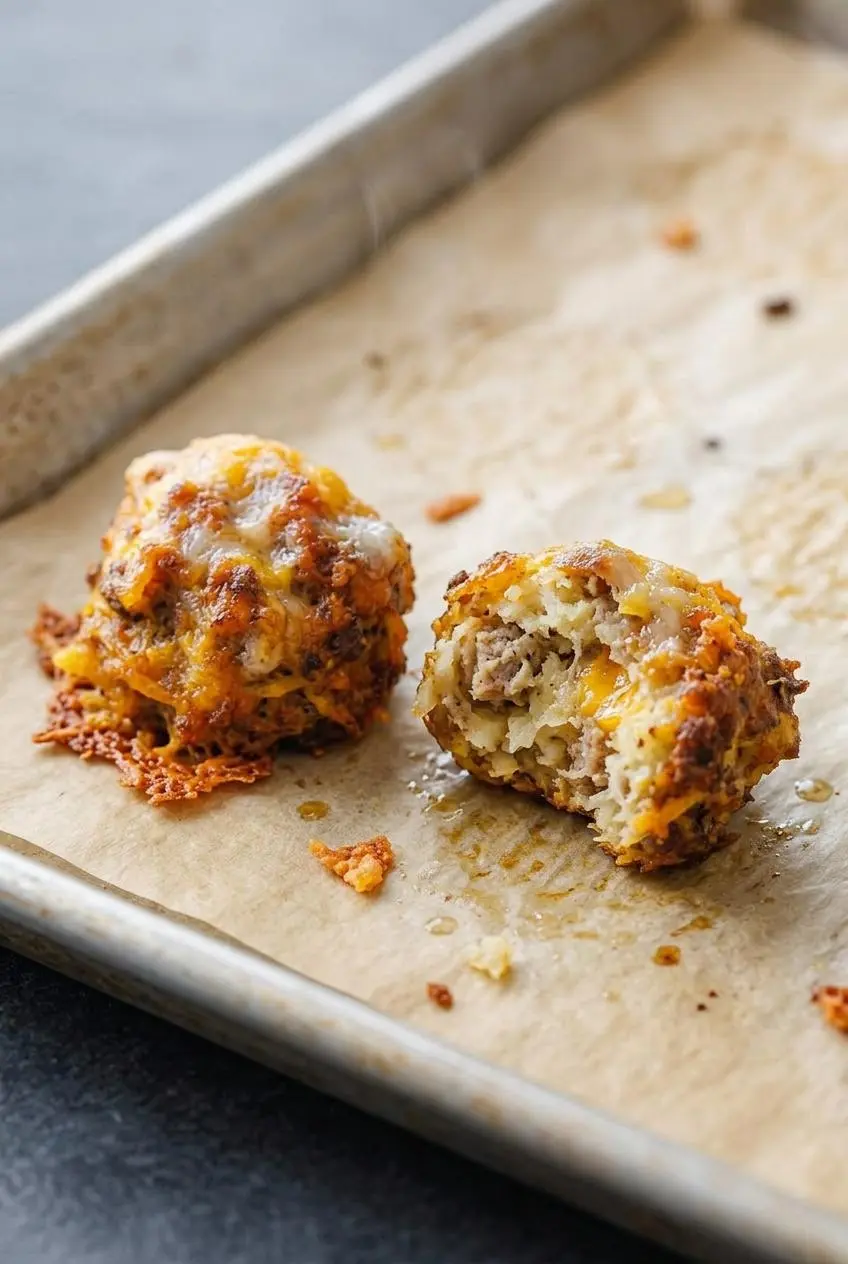 Close-up of baked sausage hash brown bites on parchment paper, one broken open showing cooked sausage and melted cheddar.