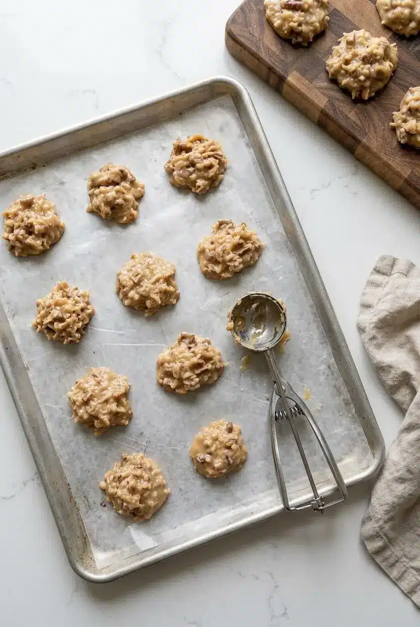 Freshly scooped mounds of thickened coconut pecan praline mixture on a wax paper-lined baking sheet with a scoop.