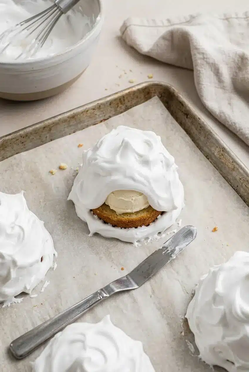 Metal spatula pressing glossy white meringue around pound cake and vanilla ice cream on parchment paper.
