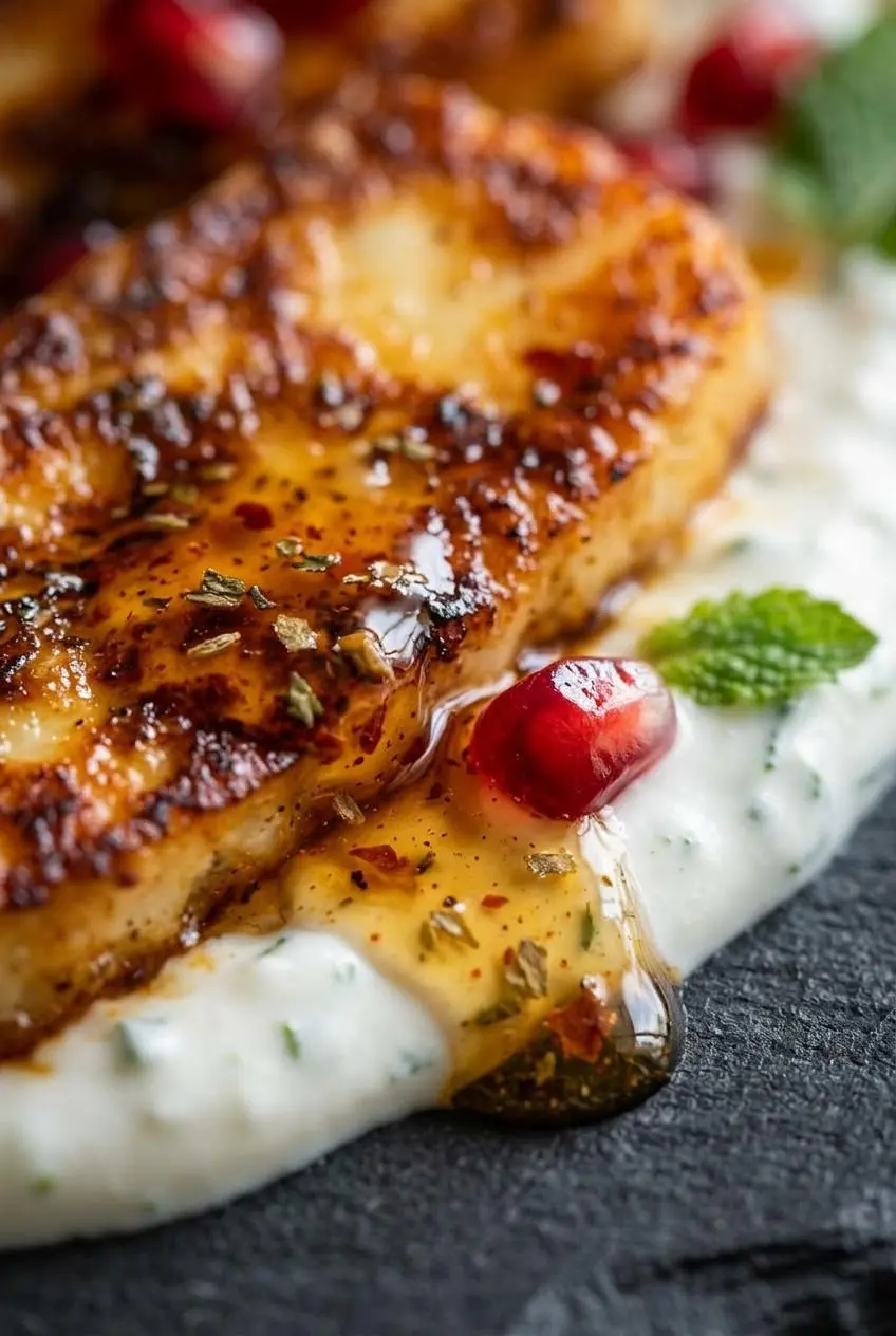 Macro view of seared halloumi with a blistered crust and dripping hot honey glaze over mint yogurt.