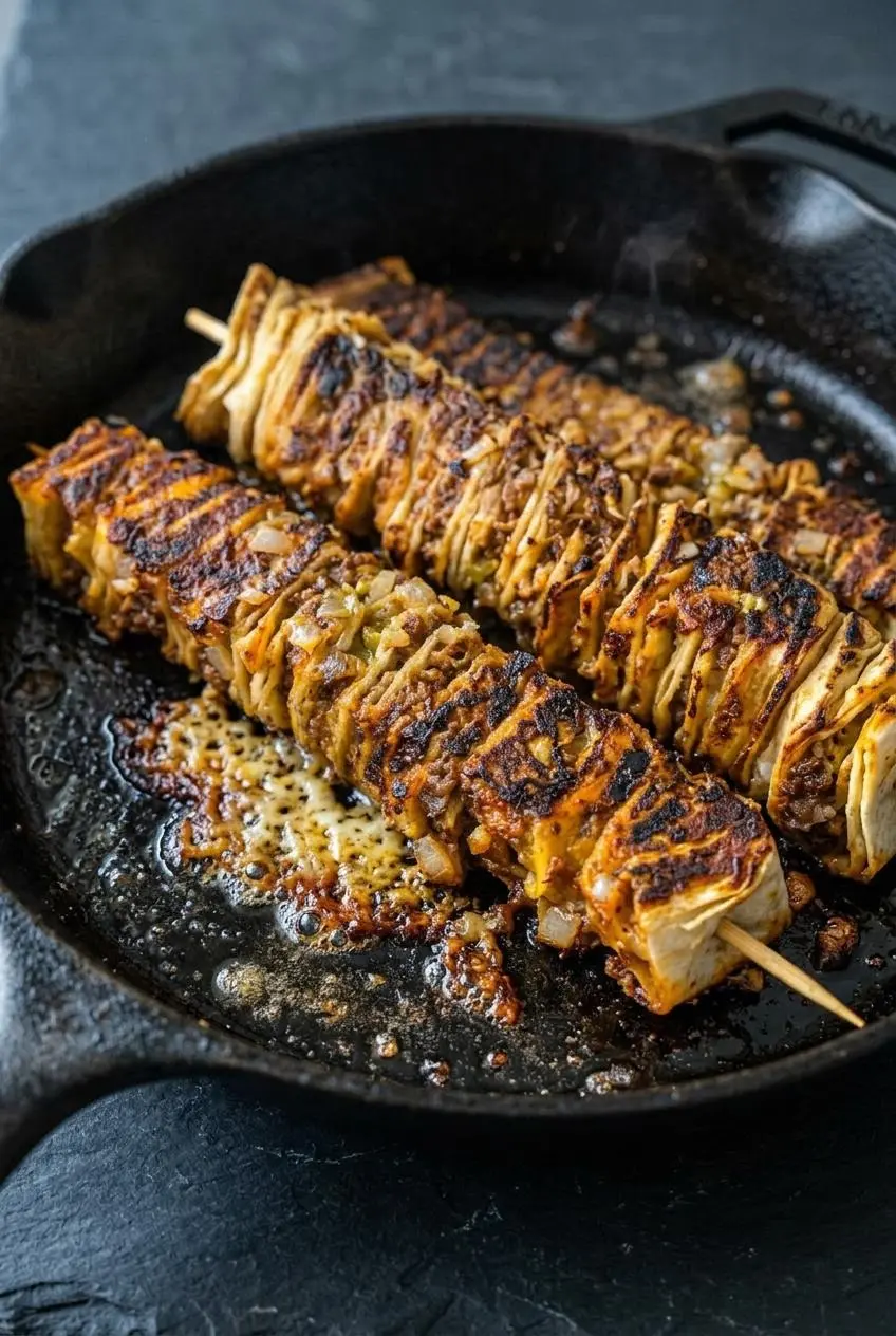 Close-up of beef and cheese tortilla stack skewers searing in a black cast-iron skillet with bubbling cheese edges.