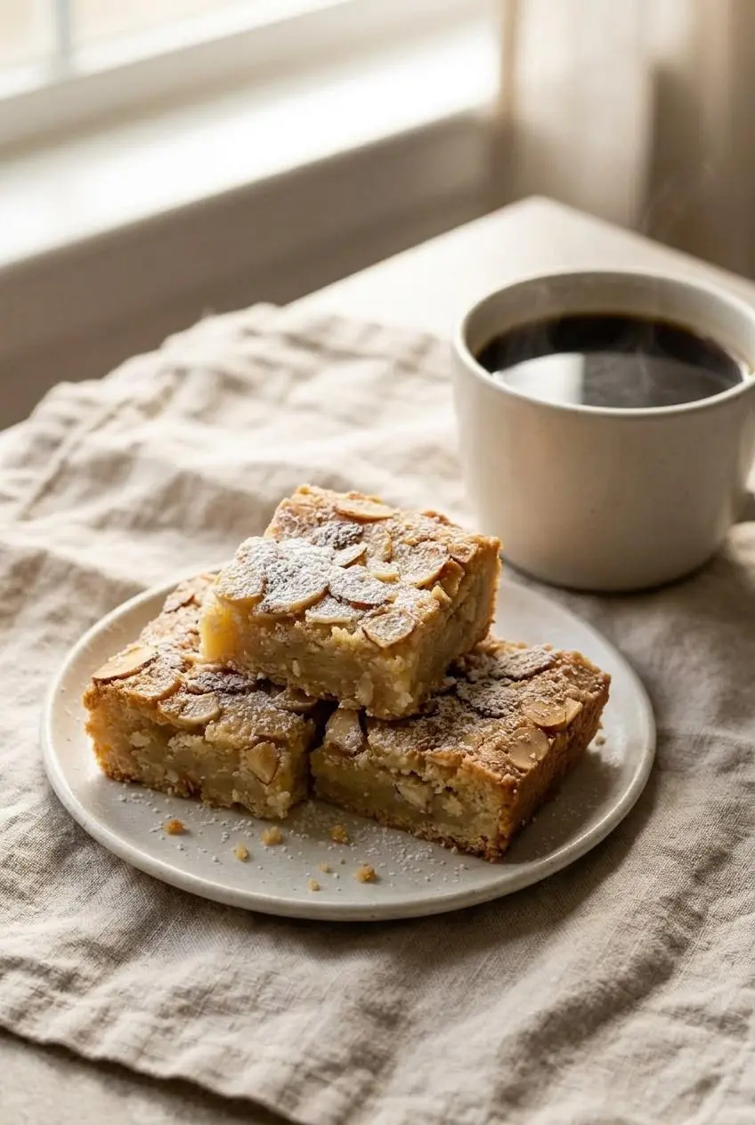 Powdered sugar almond bars served on a linen brunch table next to a ceramic cup of hot black coffee