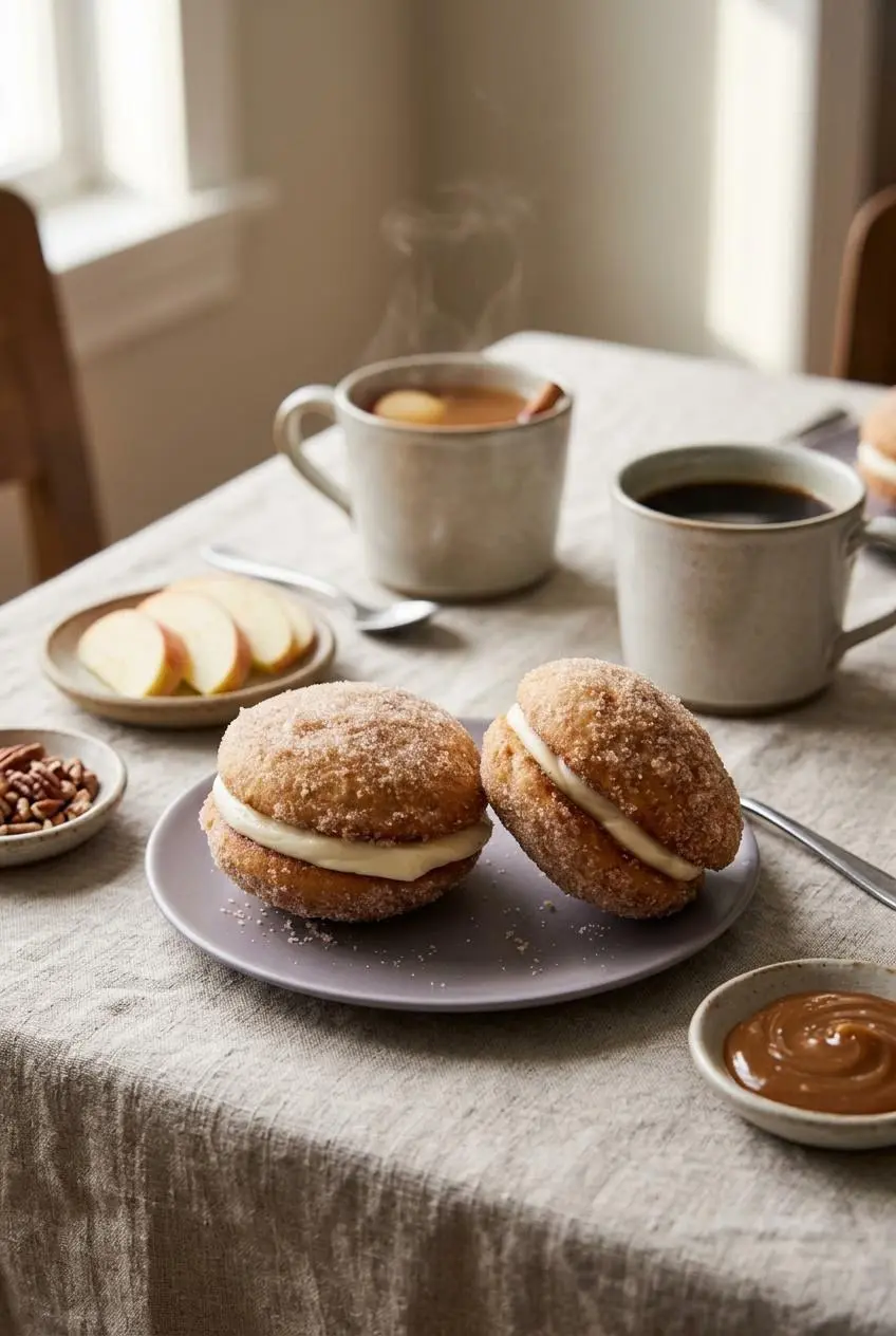 Apple cider whoopie pies served on a linen table with apple slices, toasted pecans, caramel dip, mulled cider, and coffee.