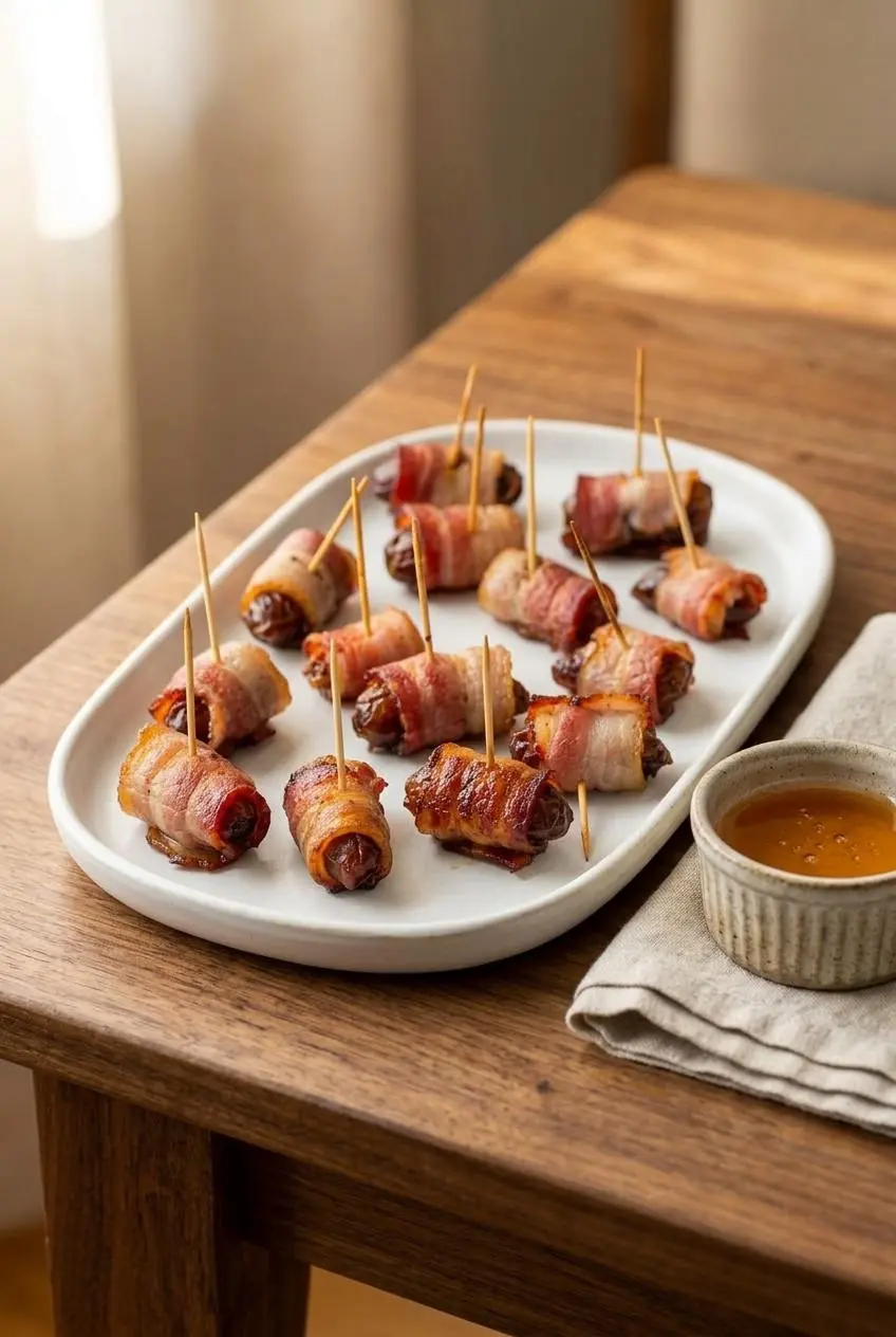 Crispy bacon wrapped dates arranged on a white ceramic platter with a small ramekin of hot honey.