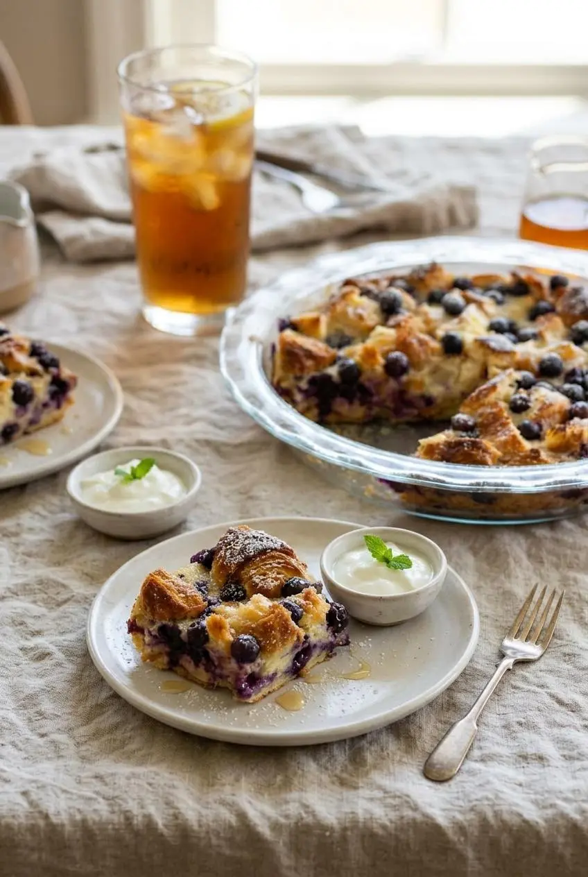 Warm square of blueberry croissant puff plated with Greek yogurt, fresh mint, honey, and iced tea
